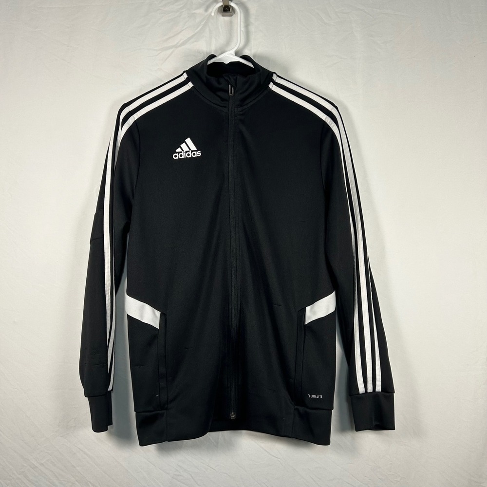Adidas Track Jacket Kids Youth Large‎ Black White Climalite Full Zip 3 Stripe
